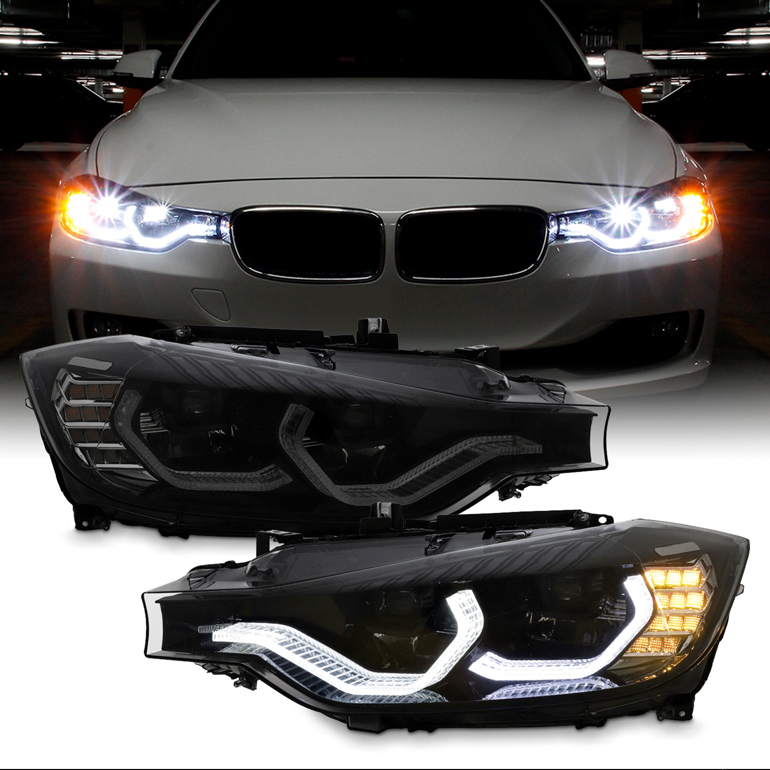 Fit 12-15 BMW F30 3-Series 4DR Smoked [Full LED] U-Halo DRL Projector Headlights