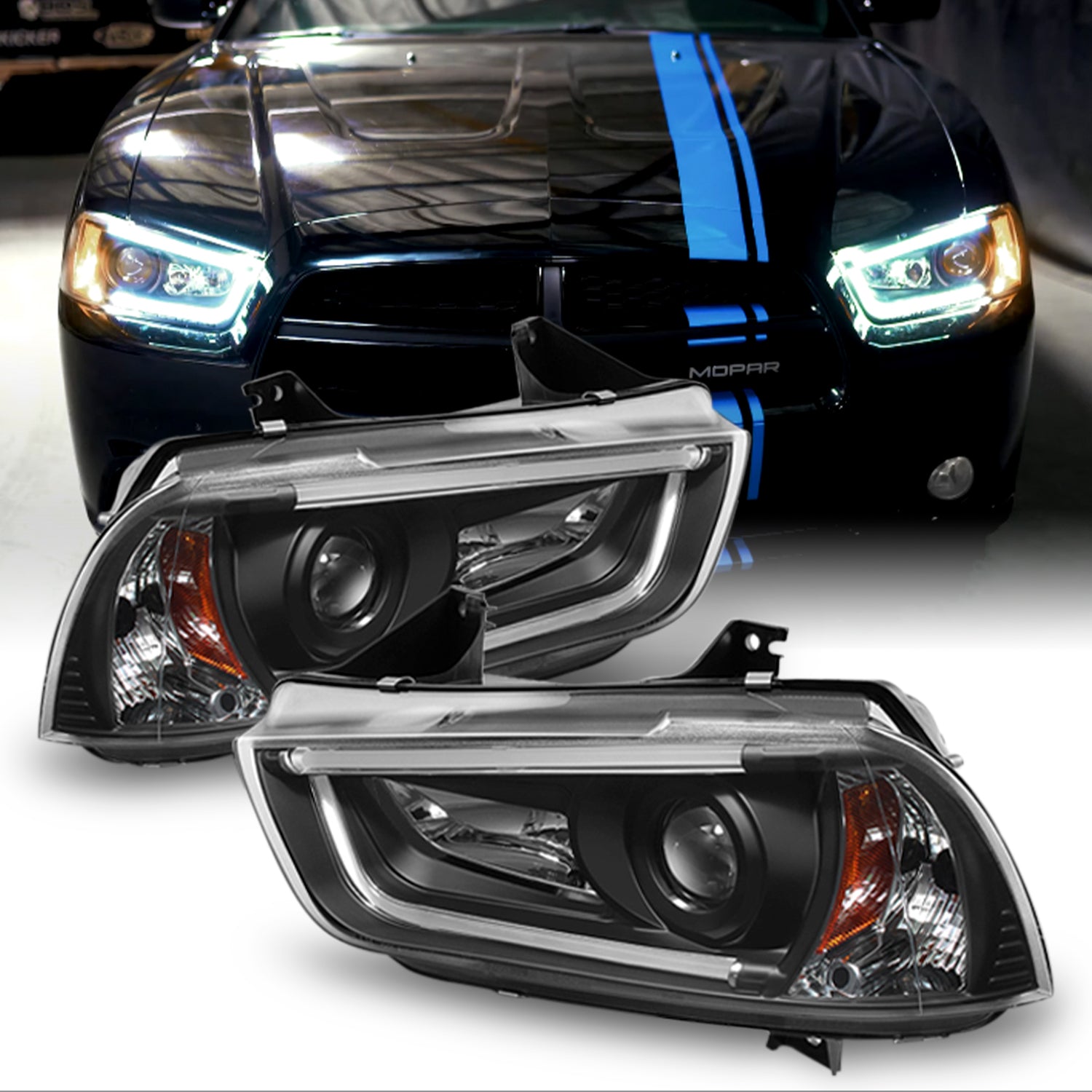AKKON For 11-14 Dodge Charger Black Bezel LED Daytime Running Lights