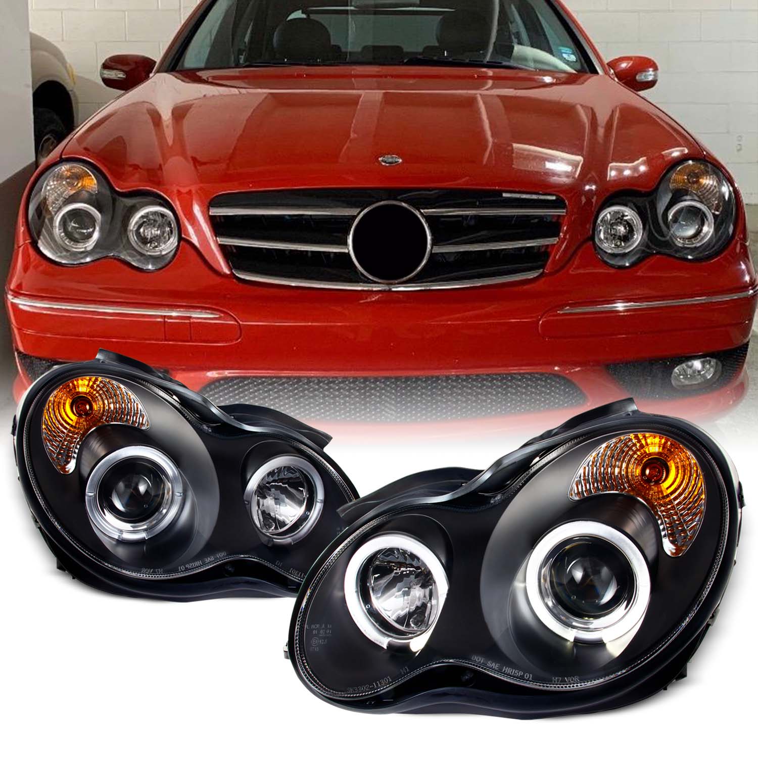 AKKON - For W211 Benz E-Class Halogen Type Black Projector Headlights Left  + Right Side Replacement Pair Set