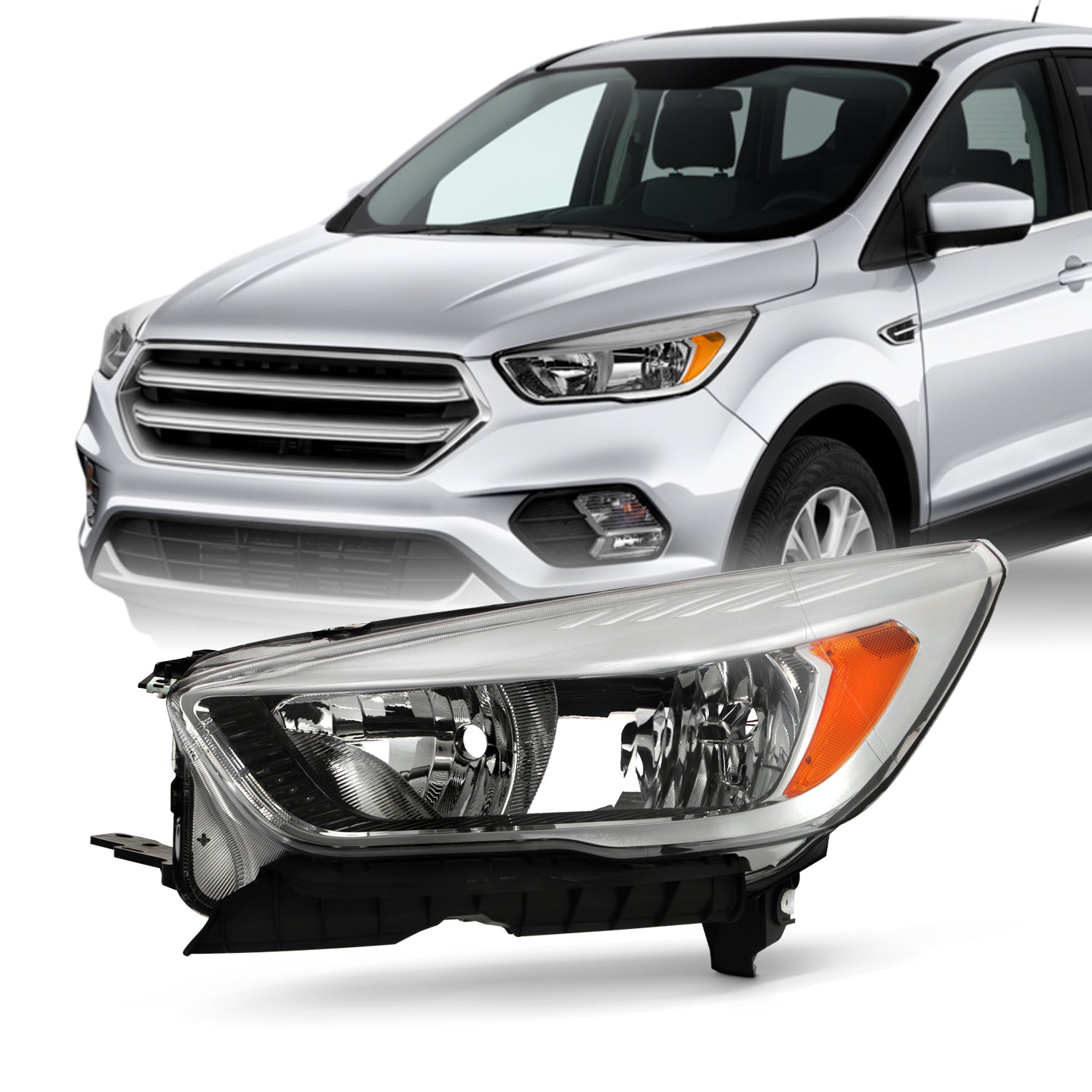 AKKON - Fits 2017 2018 2019 Ford Escape [Halogen Type] Chrome Headligh