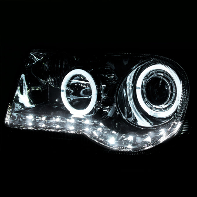 海外輸入】 AKKON Chrysler HeadLights for For 2005-2010 Chrysler 300C Chrome  Clear Dual Halo Ring DRL Daylight LED Strip Halogen Type Projector  Headlights Pair