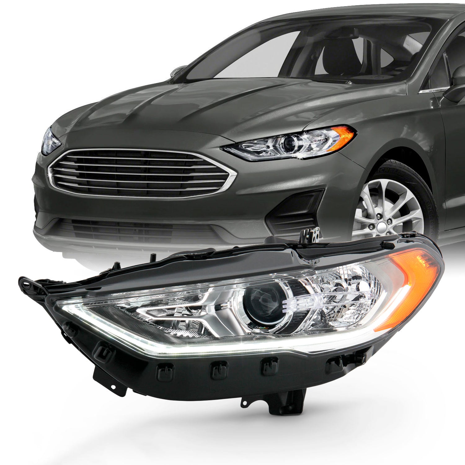 AKKON - Fits 2017-2020 Ford Fusion Halogen w/ LED DRL Model Projector