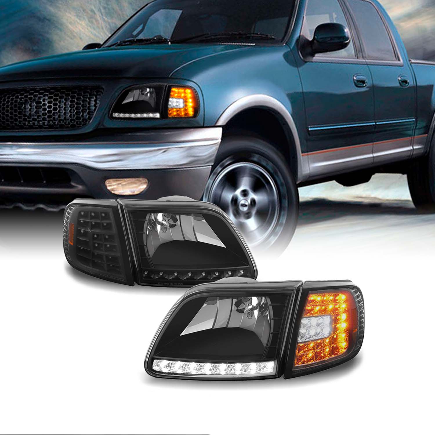 For 97-03 Ford F150 97-02 Expedition Black DRL LED - AKKON