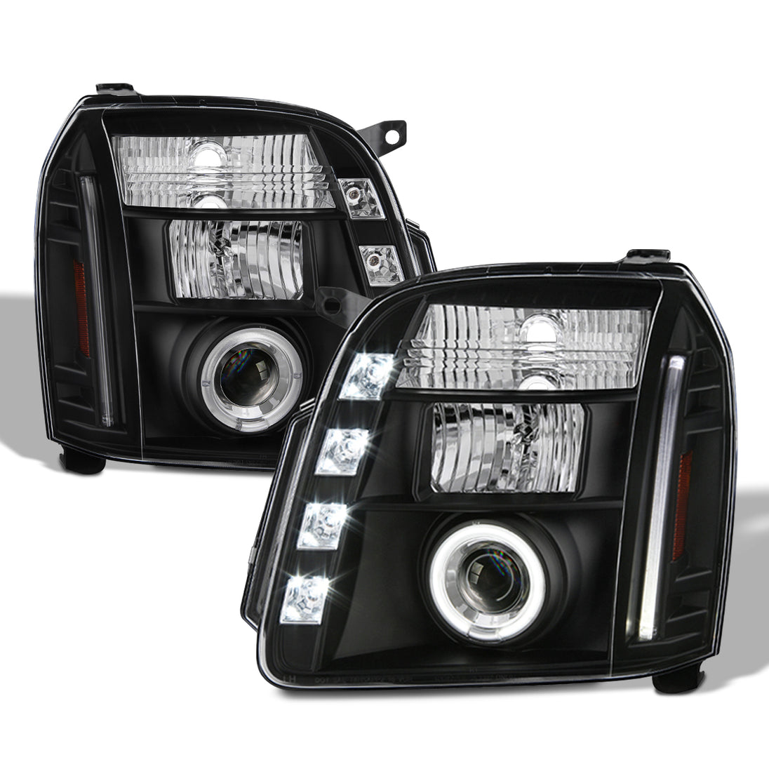 AKKON - for 07-14 GMC Yukon XL 1500 / XL 2500 Denali SUV Black Bezel Dual Halo LED Projector Headlights Front Lamps Pair