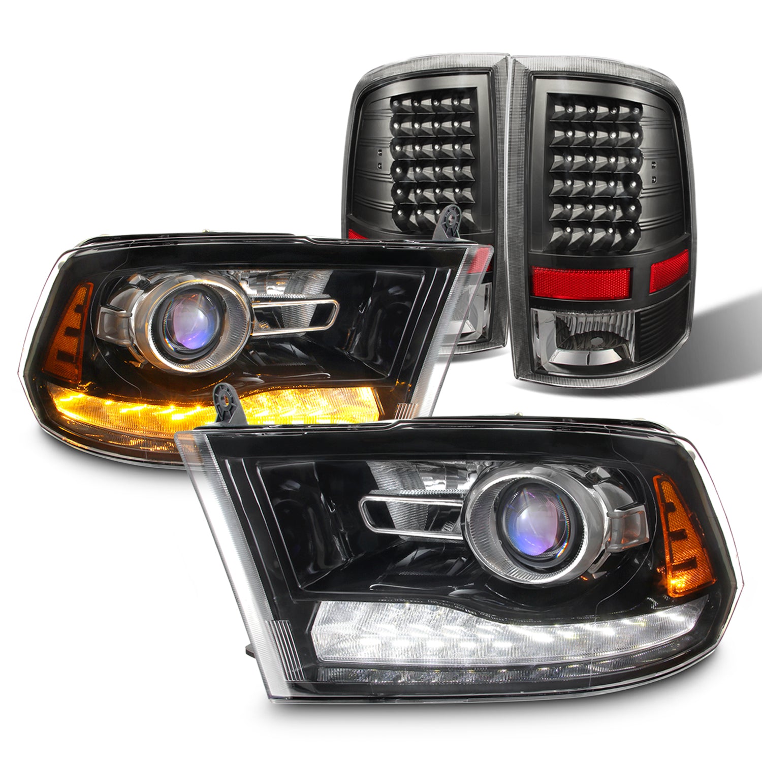 AKKON - For Dodge Ram 09-18 LED DRL Projector Black Headlights With LE