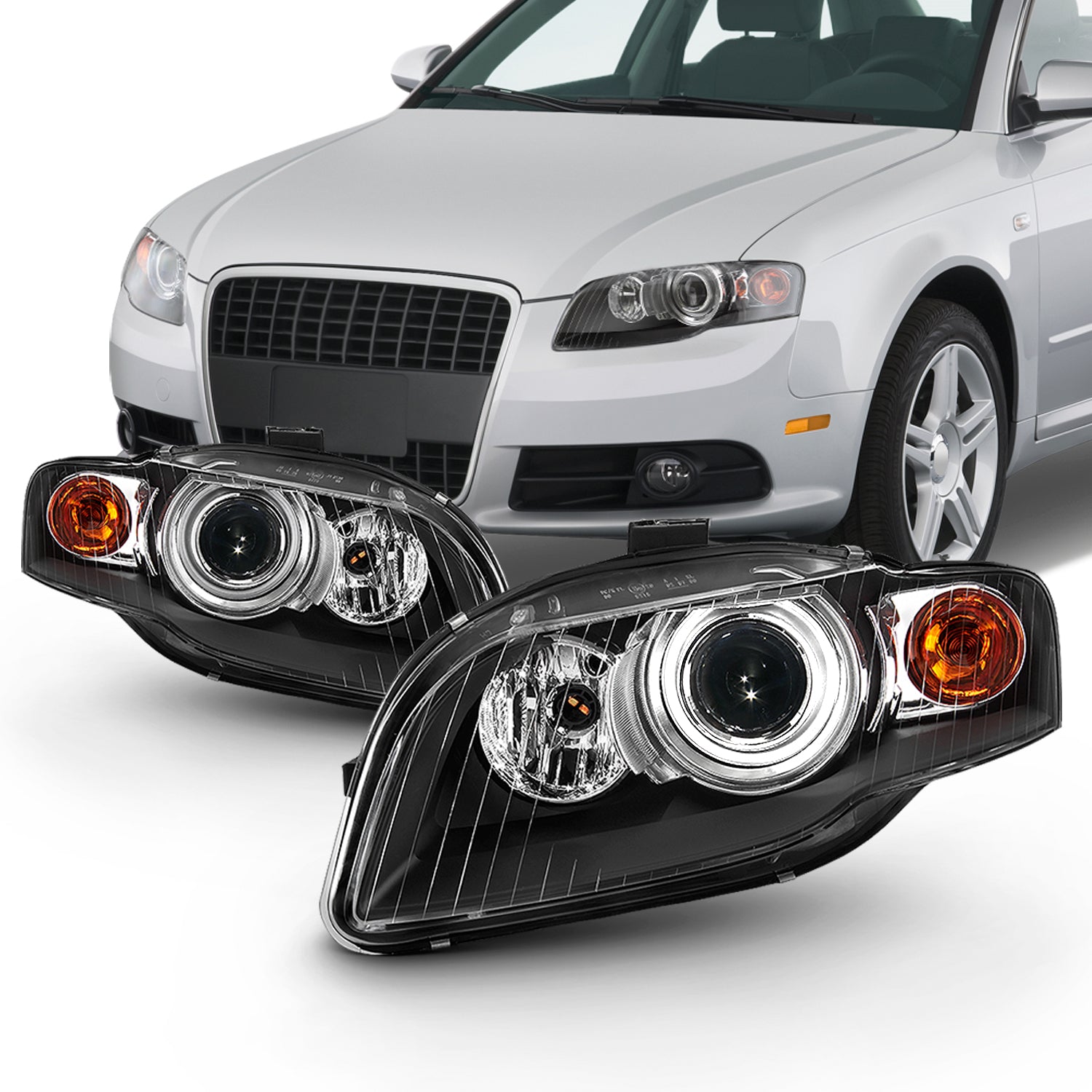 AKKON - Pair Black Headlights Fits 2005-2009 Audi A4 S4 2007-2008 RS4