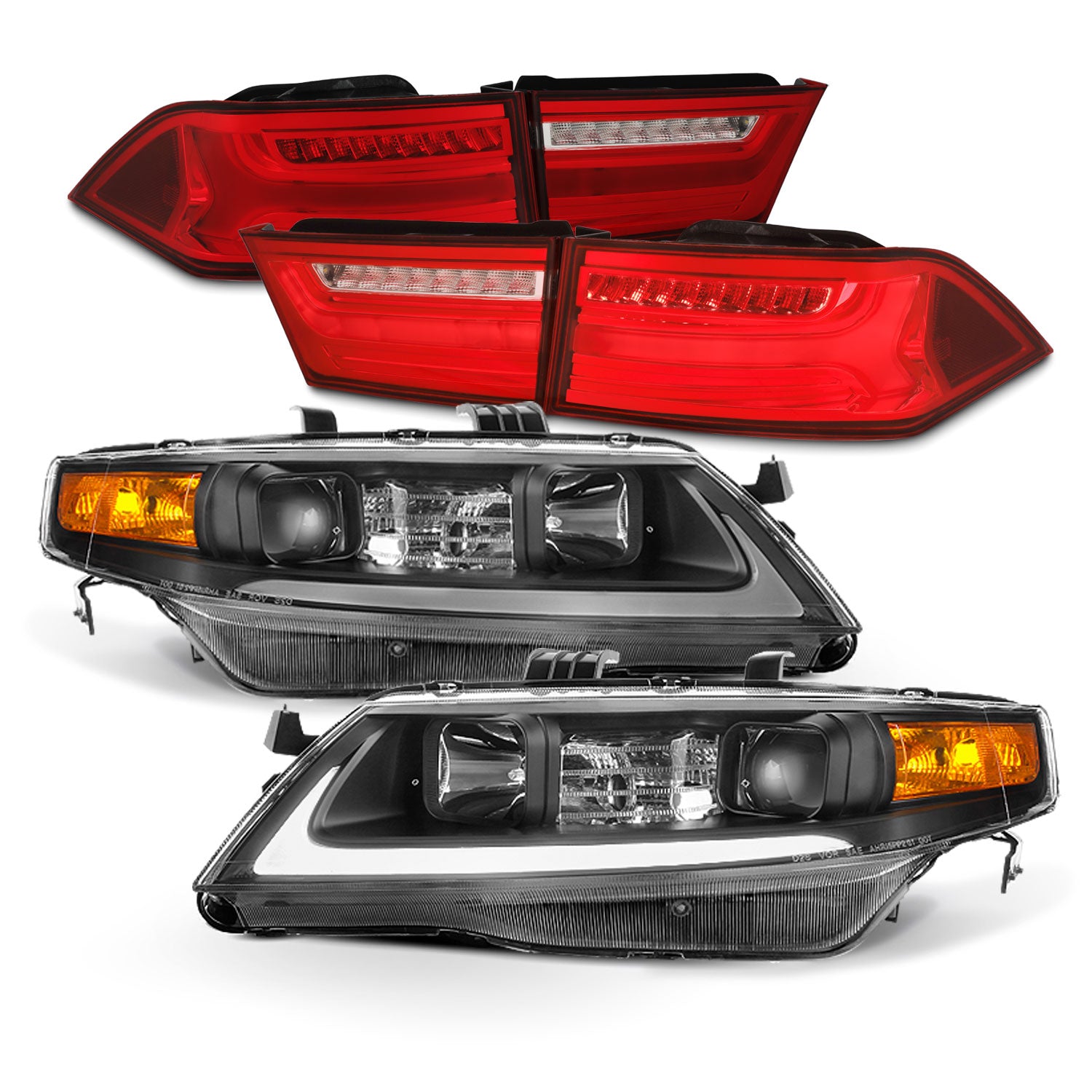 AKKON Fits 2004-2008 Acura TSX Light Bar DRL Projector Black Housing  Headlights LED Red Tail Lamps Combo