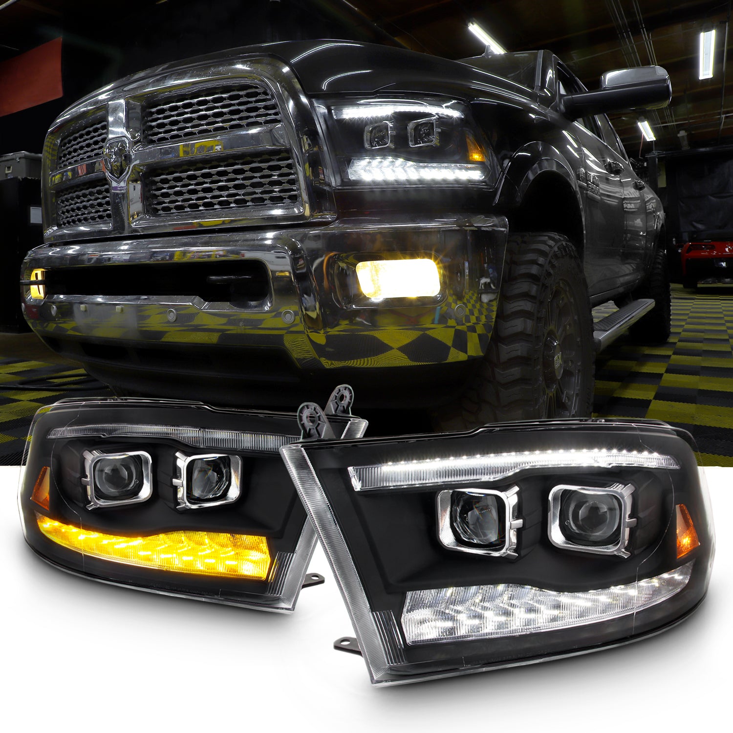 AKKON For 09-18 Dodge Ram 1500 2500 3500 Upgrade Projector  Bar LED  Black Housing Headlights With Light Bulbs Set