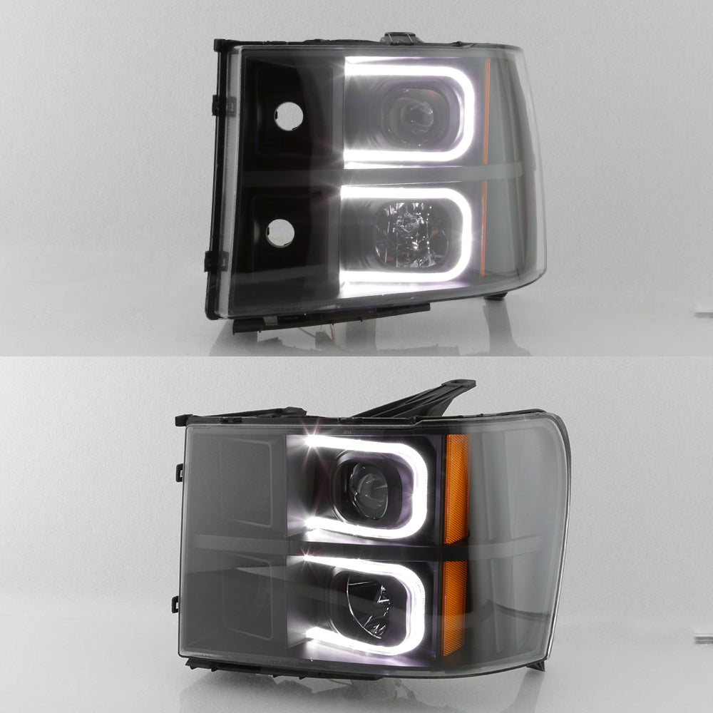 AKKON - for 2007-2013 GMC Sierra 1500/ 07-14 2500HD 3500HD Black LED Projector Headlights Driver Left+Passenger Right